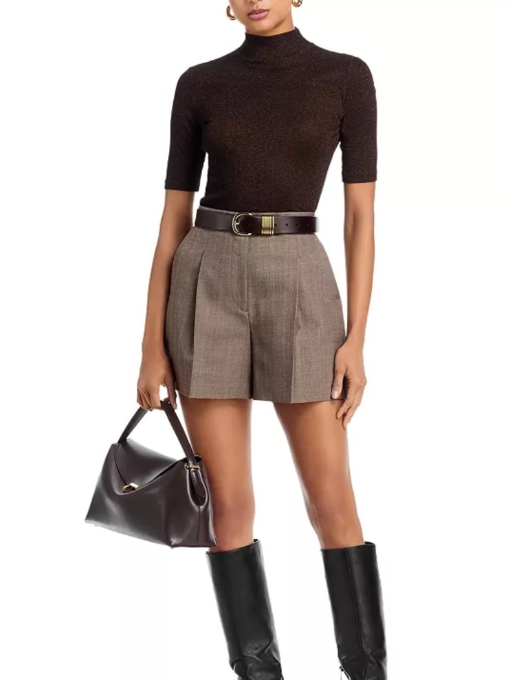 NWT FRAME Lurex Turtle/mockneck Tee Americano Brown Metallic Knit Top Size M - Picture 4 of 14